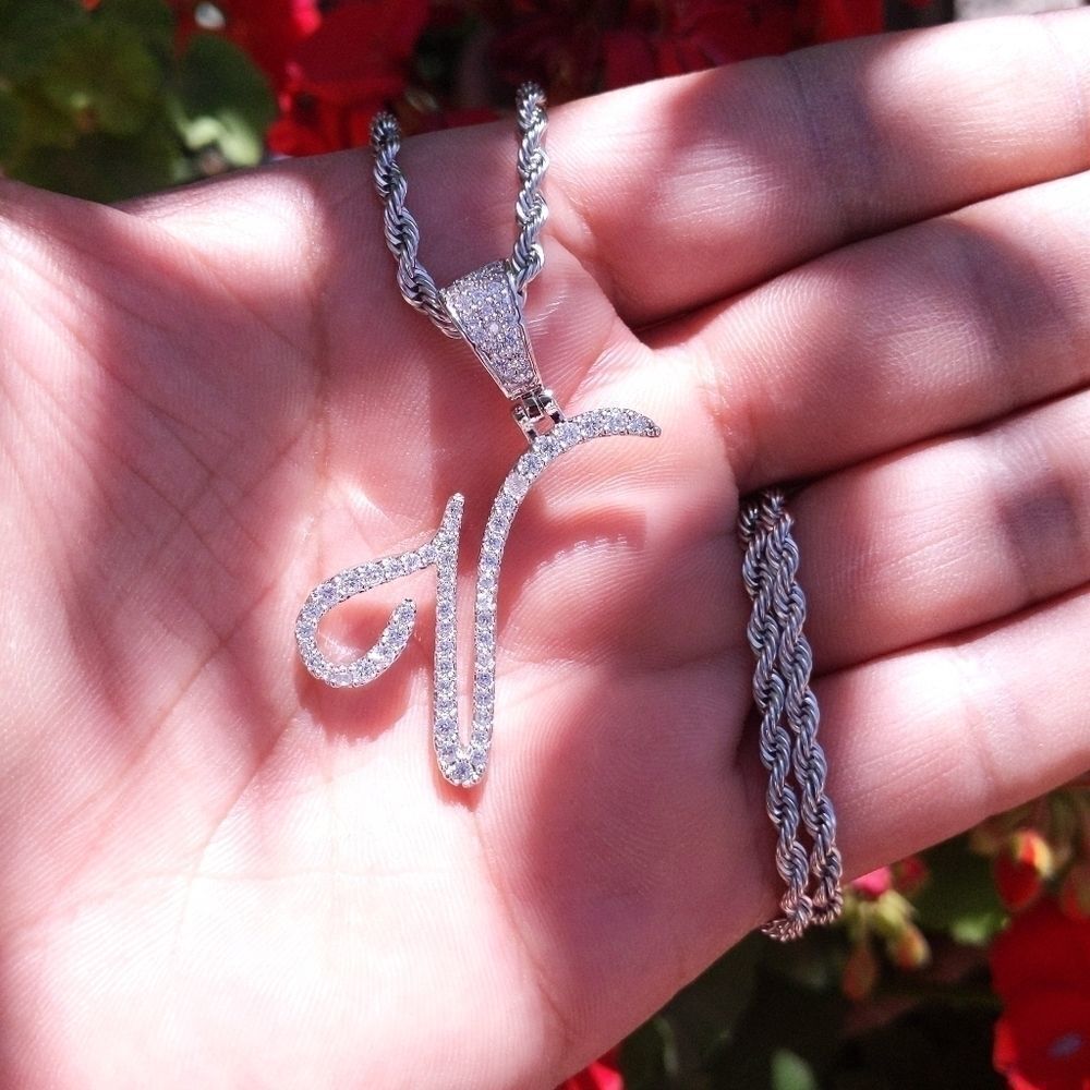 18"Rope Chain - White Finish Cursive V. Initial - image 6